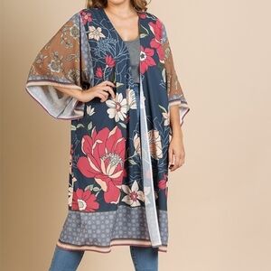 Umgee Kimono Duster Cardigan Floral Mixed Print